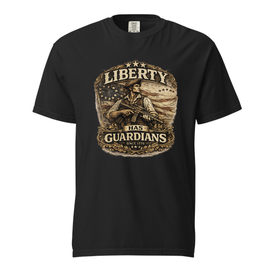 (front, black): Liberty Has Guardians patriotic 1776 t-shirt in black - front view with Revolutionary War artwork
