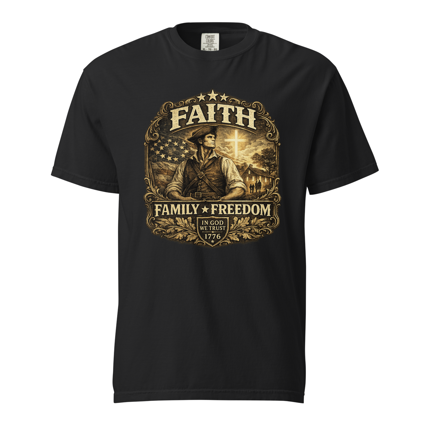 Faith Family Freedom patriotic Christian t-shirt - front view with 1776 heritage cross and American flag artwork
