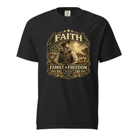 Faith Family Freedom patriotic Christian t-shirt - front view with 1776 heritage cross and American flag artwork
