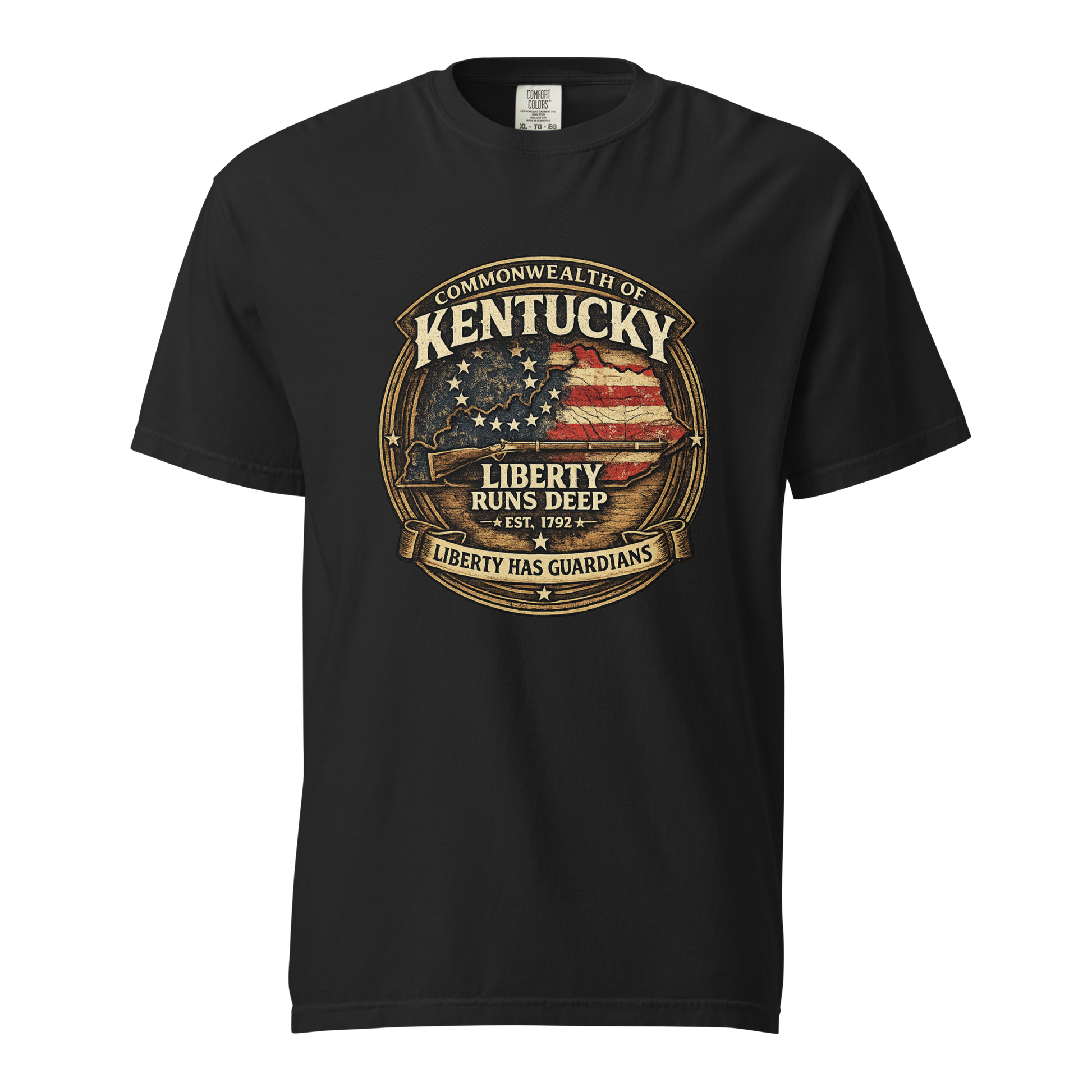 Black - front view with vintage Commonwealth of Kentucky and American freedom graphic