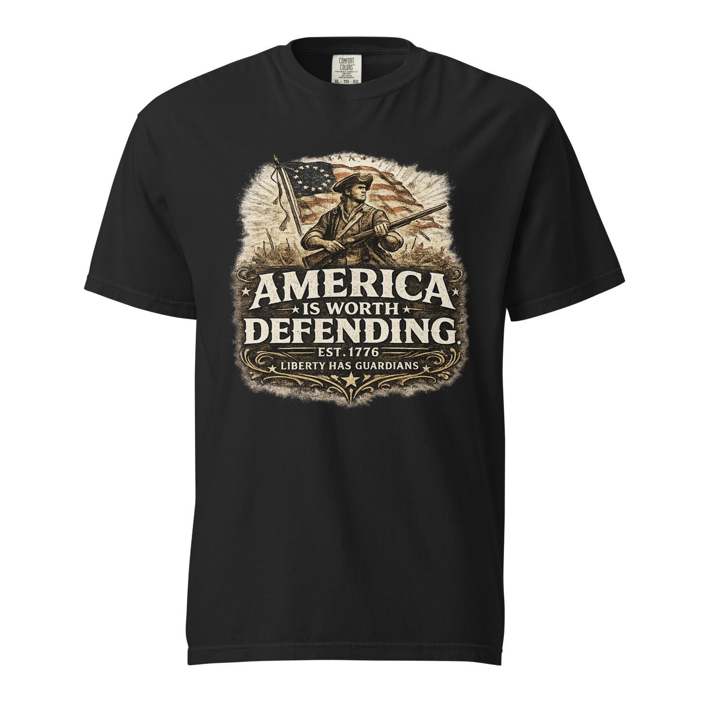 Black: "...in Black – front view with vintage Revolutionary War minuteman and distressed American flag graphic"
