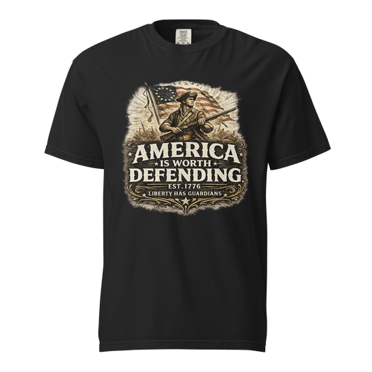 Black: "...in Black – front view with vintage Revolutionary War minuteman and distressed American flag graphic"

