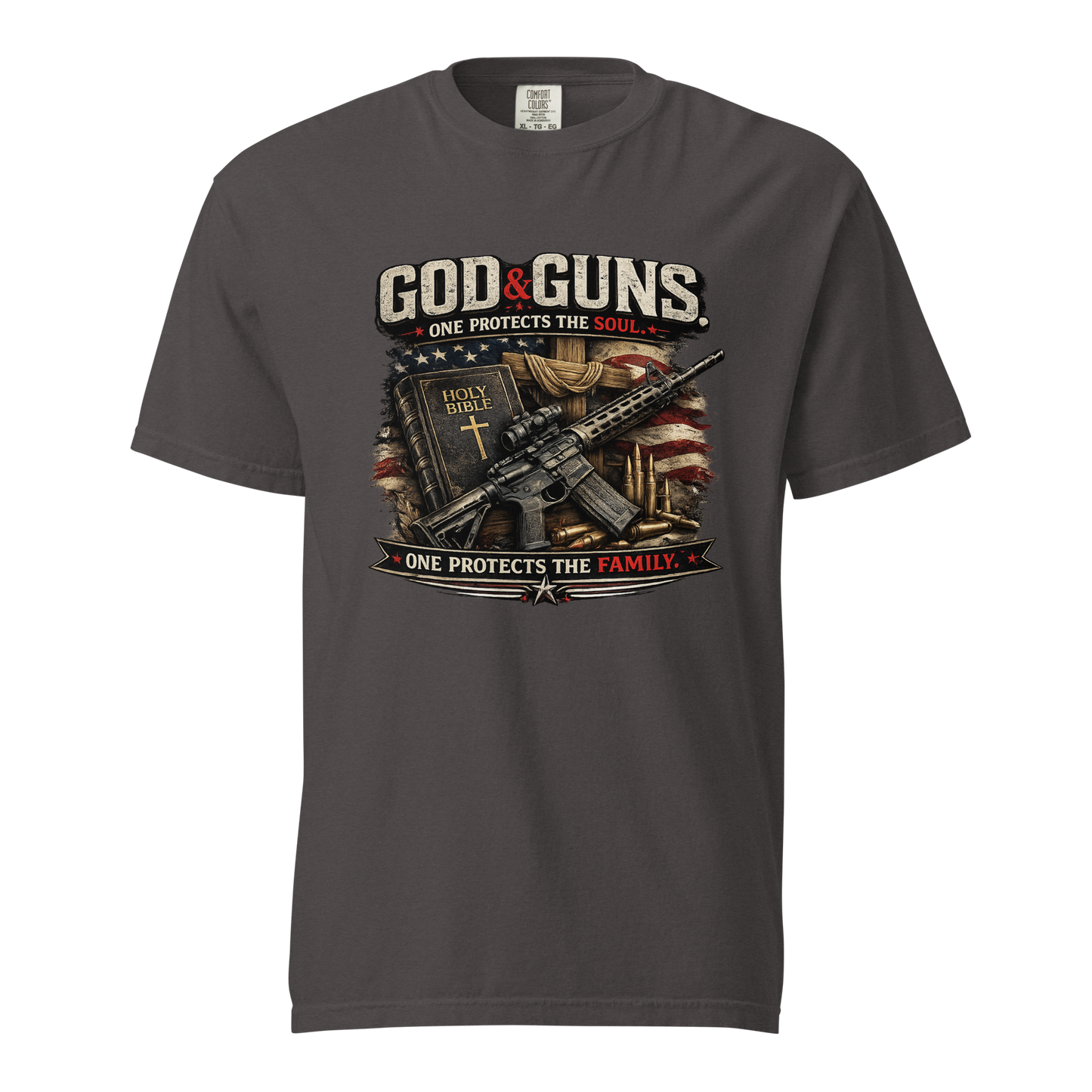 Christian patriotic graphic featuring a Holy Bible, cross, American flag, rifle, and the phrase One Protects the Soul One Protects the Family.
