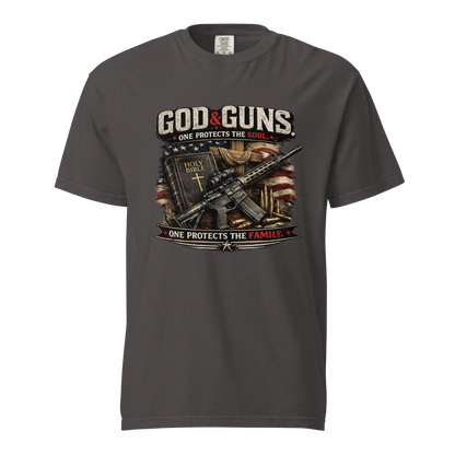 Christian patriotic graphic featuring a Holy Bible, cross, American flag, rifle, and the phrase One Protects the Soul One Protects the Family.