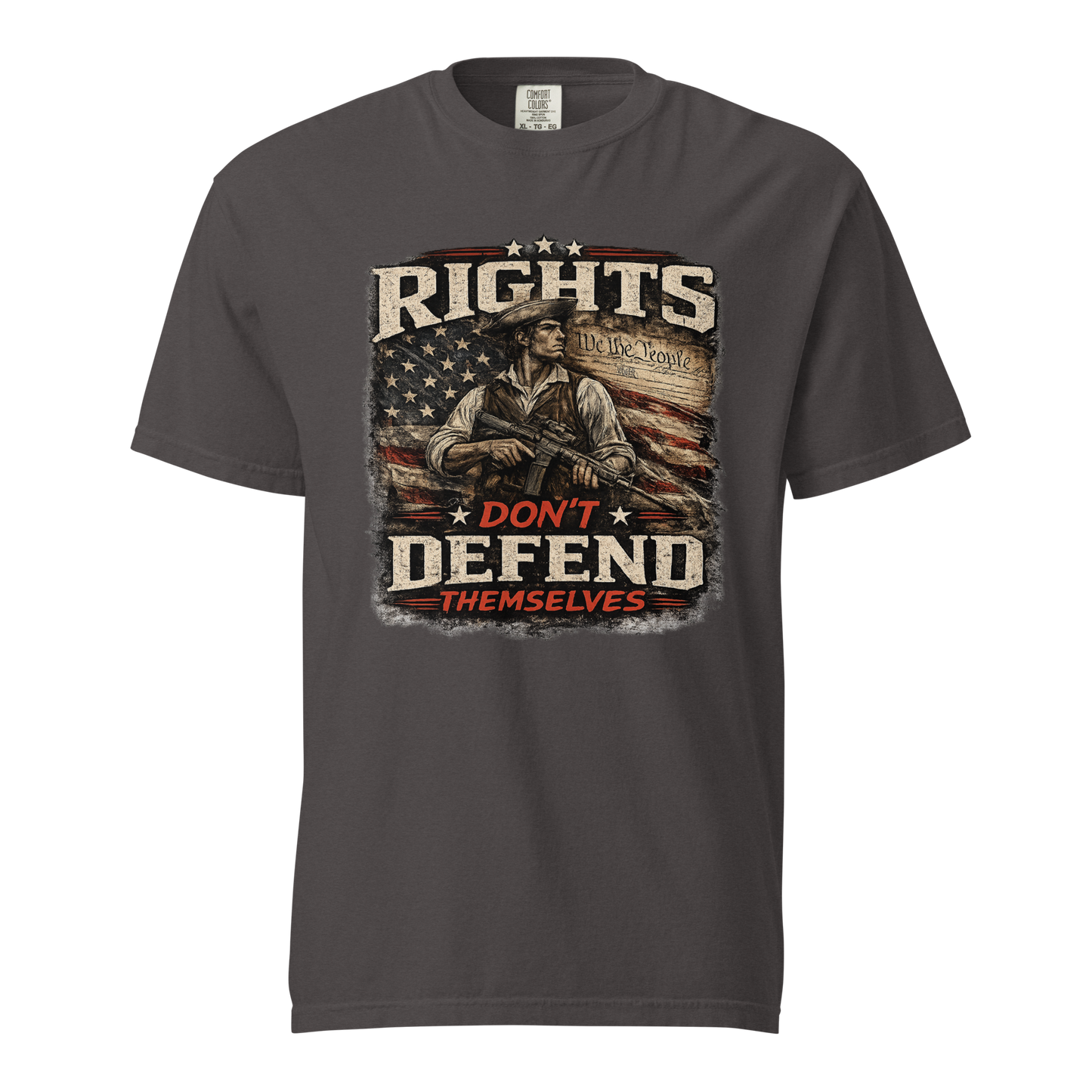 Rights Don't Defend Themselves 2A patriotic garment-dyed heavyweight t-shirt in Graphite– front view with distressed American flag and constitutional liberty graphic"