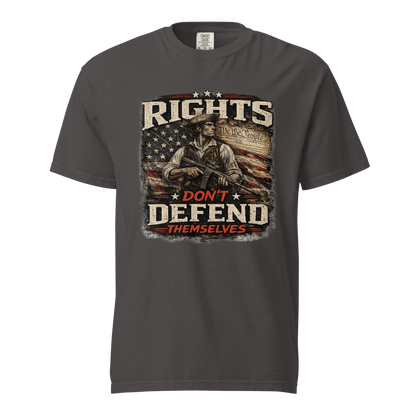 Rights Don't Defend Themselves 2A patriotic garment-dyed heavyweight t-shirt in Graphite– front view with distressed American flag and constitutional liberty graphic"