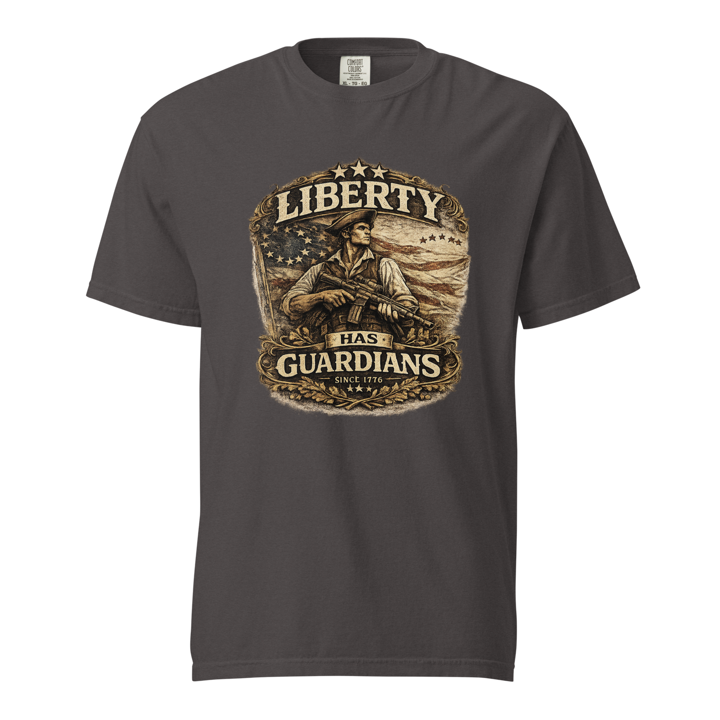 front, black): Liberty Has Guardians patriotic 1776 t-shirt in black - front view with Revolutionary War artwork
