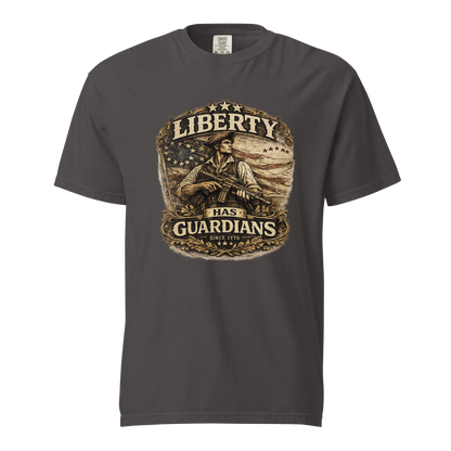 front, black): Liberty Has Guardians patriotic 1776 t-shirt in black - front view with Revolutionary War artwork
