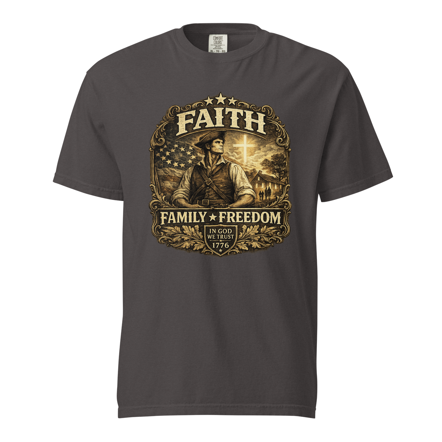Faith Family Freedom patriotic Christian t-shirt - front view with 1776 heritage cross and American flag artwork
