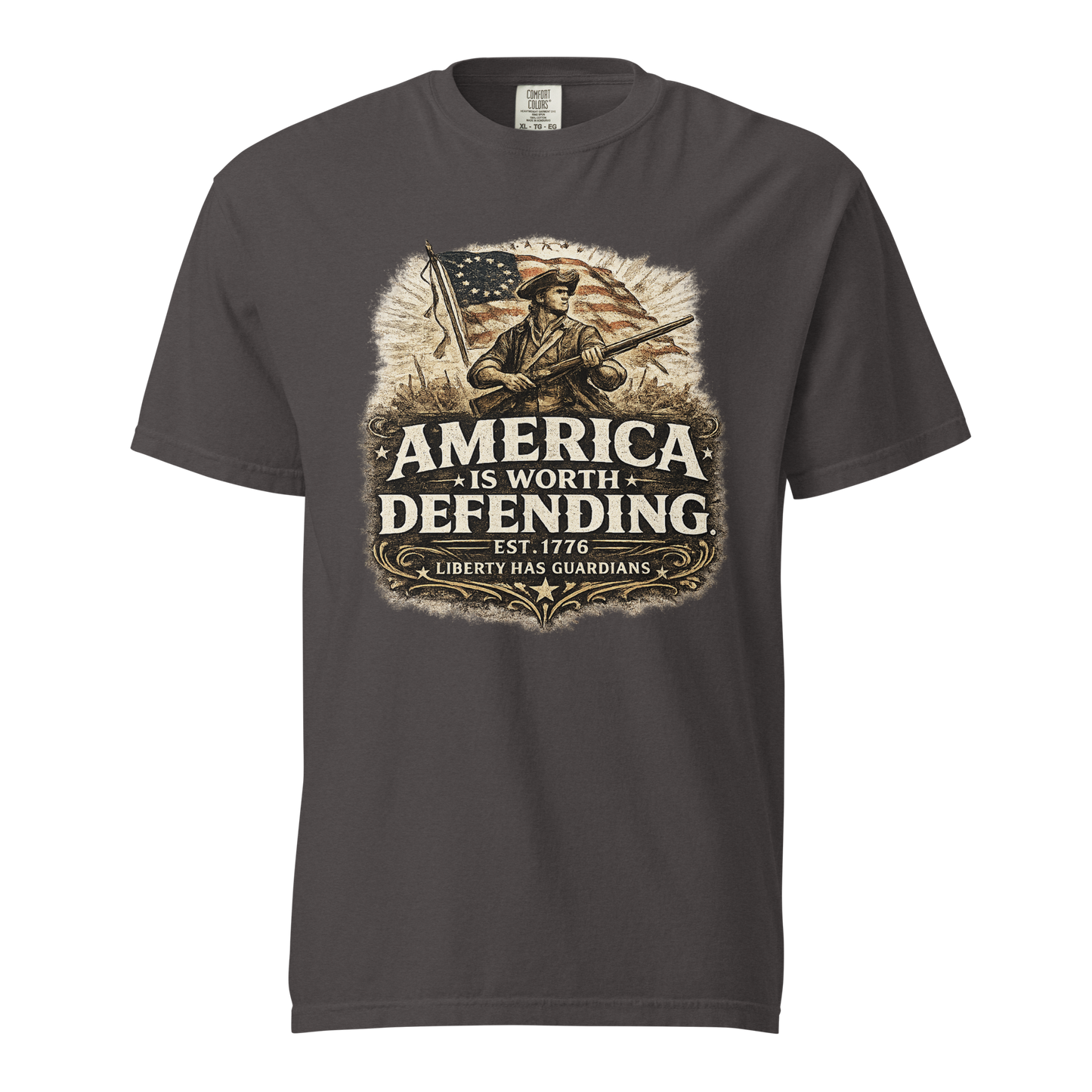 Graphite – front view with vintage Revolutionary War minuteman and distressed American flag graphic"
