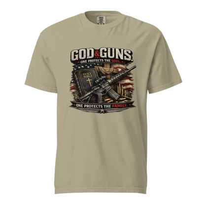 Christian patriotic graphic featuring a Holy Bible, cross, American flag, rifle, and the phrase One Protects the Soul One Protects the Family.