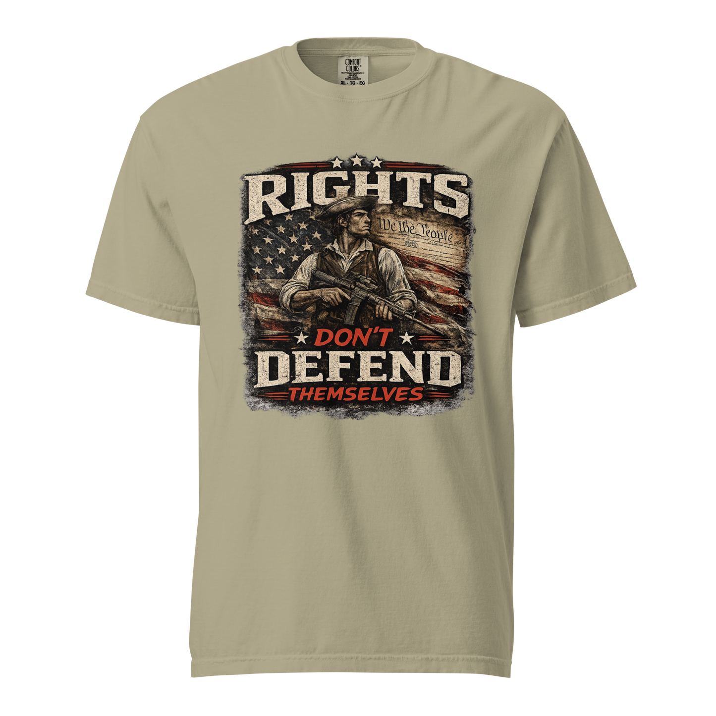Rights Don't Defend Themselves 2A patriotic garment-dyed heavyweight t-shirt in Khaki– front view with distressed American flag and constitutional liberty graphic"