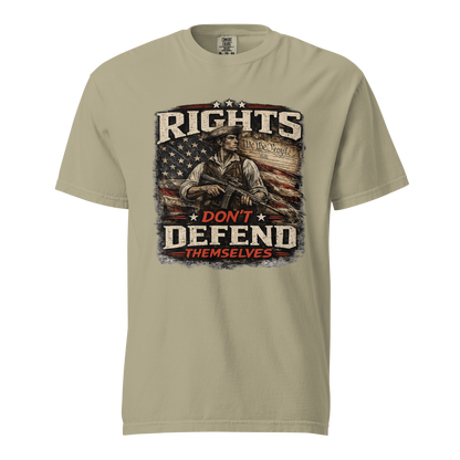 Rights Don't Defend Themselves 2A patriotic garment-dyed heavyweight t-shirt in Khaki– front view with distressed American flag and constitutional liberty graphic"