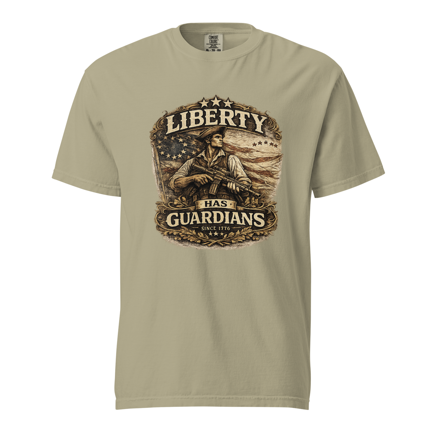 front, black): Liberty Has Guardians patriotic 1776 t-shirt in black - front view with Revolutionary War artwork
