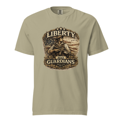 front, black): Liberty Has Guardians patriotic 1776 t-shirt in black - front view with Revolutionary War artwork
