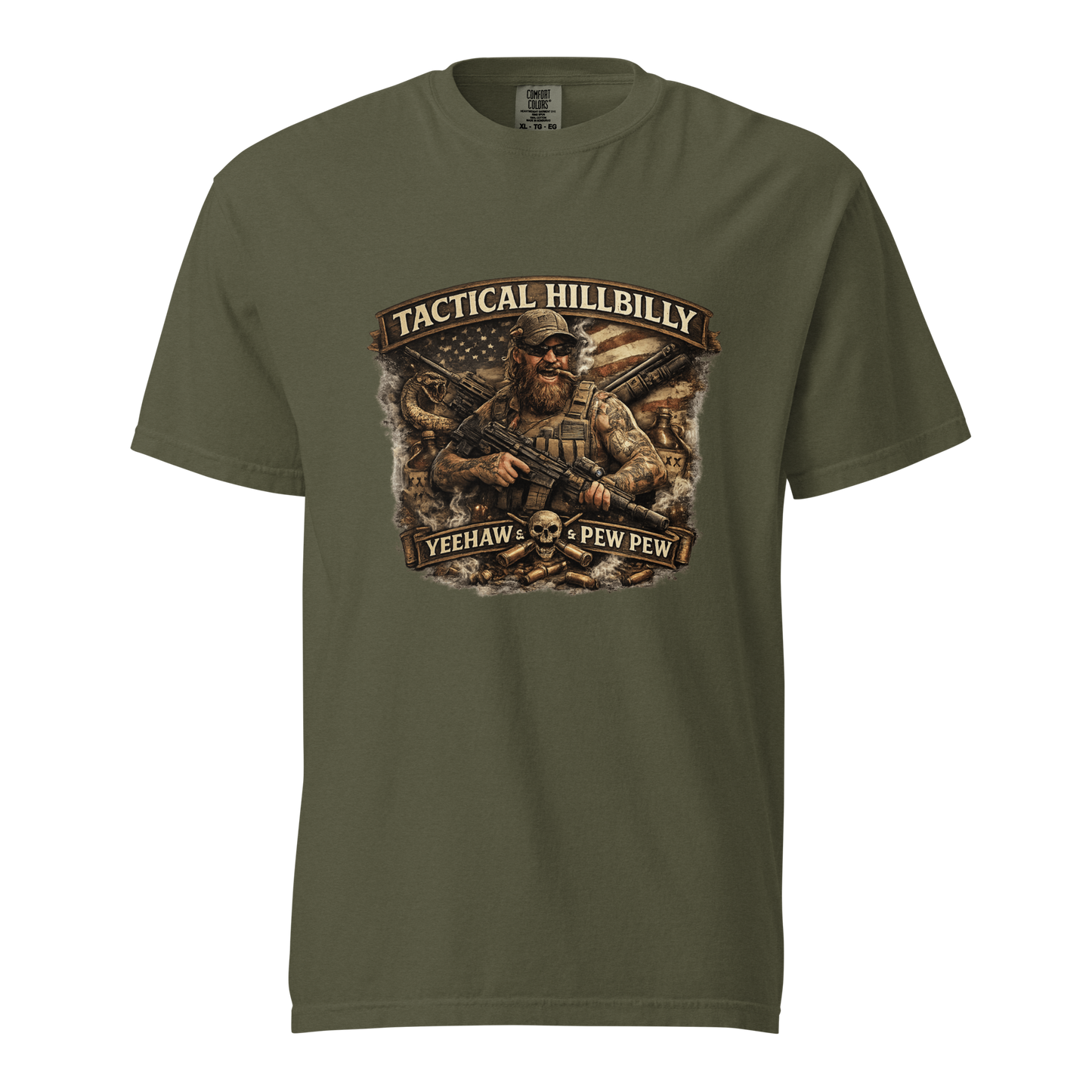 Tactical Hillbilly graphic featuring a bearded shooter with tactical gear, patriotic imagery, and the phrase Yeehaw & Pew Pew for firearms enthusiasts and outdoor lifestyle fans.