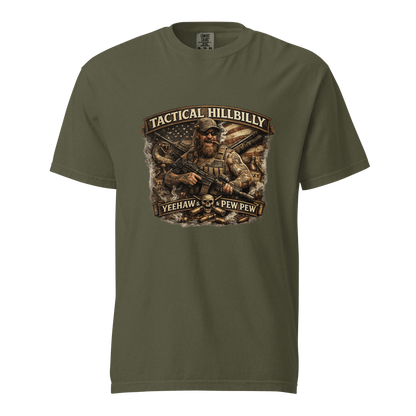 Tactical Hillbilly graphic featuring a bearded shooter with tactical gear, patriotic imagery, and the phrase Yeehaw & Pew Pew for firearms enthusiasts and outdoor lifestyle fans.