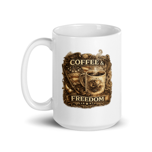 Coffee & Freedom | Patriotic Ceramic Coffee Mug | 15 oz American Heritage Mug