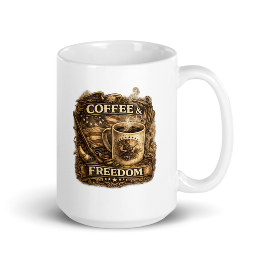 Coffee & Freedom | Patriotic Ceramic Coffee Mug | 15 oz American Heritage Mug